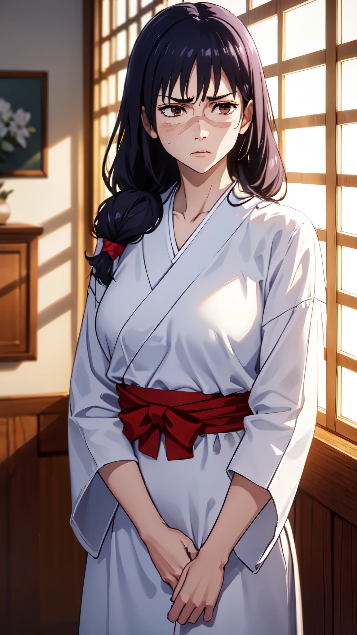 cleavage,photorealistic, (4k), depth of field, (Masterpiece), (realistic skin texture), extremely detailed, intricate, hyper detailed, professional photography, bokeh, high resolution, sharp detail, best quality, woman, long hair, purple hair, ponytail, brown eyes, scar on face, white hairbow, red hakama, aUtahime, dynamic pose, (arms behind her back),  open window, light rays, windowsill, annoyed,