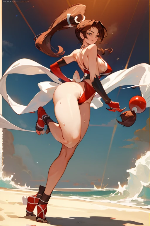 masterpiece, best quality, beautiful art, high resolution, well formed hands, body and fingers, 1 woman, solo, Kate Upton, grown up, adult, cosplaying as Mai Shiranui , adult, big breasted, cleavage full body, long hair, hair ribbon, gorgeous legs and, thighs, sexy Japanese clothes, hair ornament, elbow gloves, dancing seductively and erotically, turning backwards and forwards, showing her back and front, showing her butt, t back, bikini  thong, smiling joyfully, sweating ,looking at the viewer, flirting, biting her lips, beach environment 