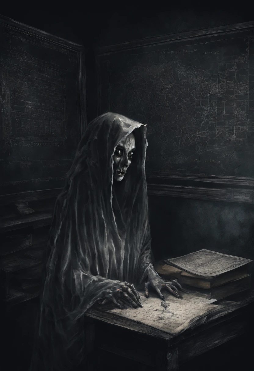 ground angle from above view of a Scary cloaked indonesian female ghost with dark grey eyes, white pale skin, is teaching in blackboard with complex horror formulas with writing "GABUT", and holding a dark doll in her arm, in dark school class background, with hanging porcelain dolls from the ceiling, horror, dark and haunting, hyperrealism, ultra-detailed,