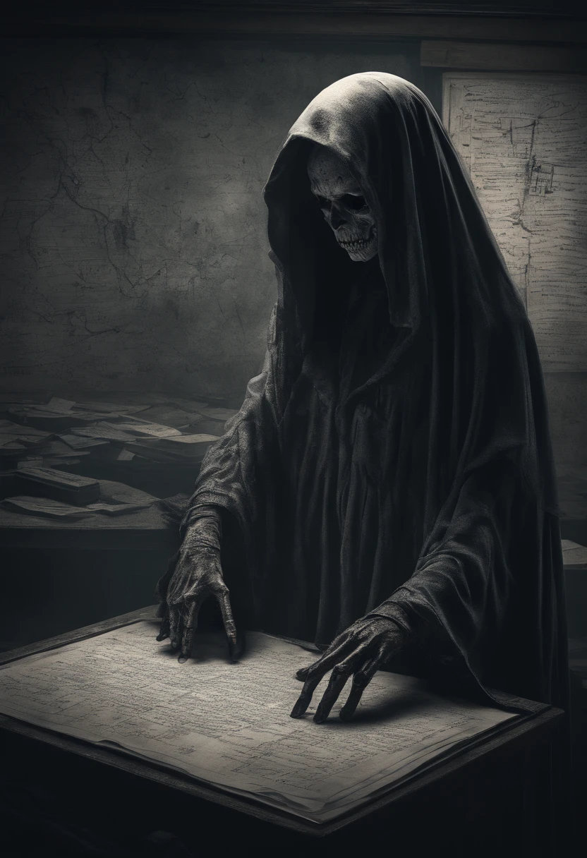 ground angle from above view of a Scary cloaked indonesian female ghost with dark grey eyes, white pale skin, is teaching in blackboard with complex horror formulas with writing "GABUT", and holding a dark doll in her arm, in dark school class background, with hanging porcelain dolls from the ceiling, horror, dark and haunting, hyperrealism, ultra-detailed,