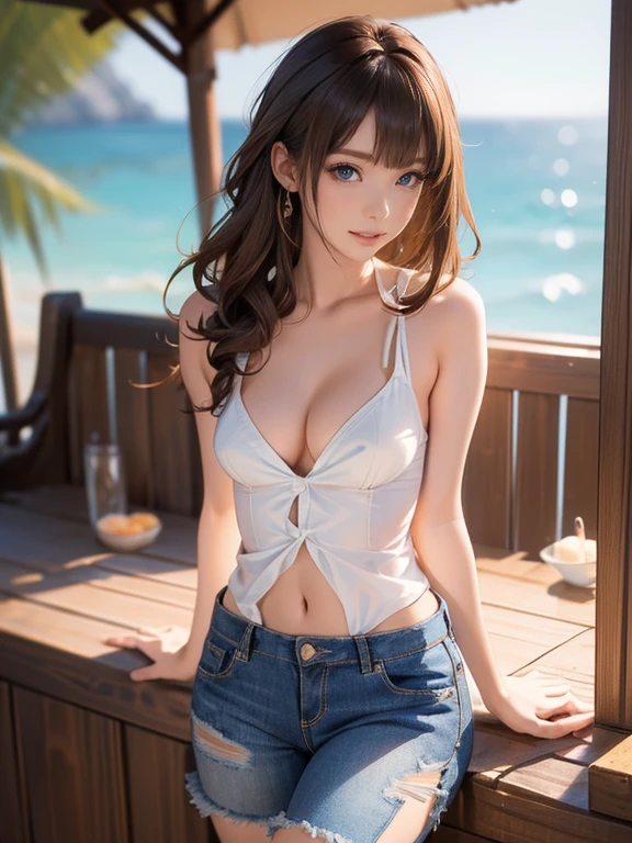 ((Extremely exposed))(High-definition image quality)極Realistic skin texture、High definition face(brown、Very long straight hair、Hair behind the ear、Beautiful moist brown hair、Smooth Hair)((Bright smile))、Gaze(sexyな25歳の女の子、Idol Makeup、Eyeliner)(Fair skin)(Sparkling eyes)Smooth Skin、Realistic skin texture ((Oversized T-shirt、Short length、Cleavage) ((Ultra short denim pants、damage、Super tight、small、Bite、Unbutton、Ultra low rise、))))Beautiful armpits、On the position of the chest、Round big breasts、Beautiful valley、Ultra-thin waist、Waistline、Long legs、Glitter High Heels((((Seaside cafe during the day))))(((((Medium Full Shot、sexy))))))Erotic and bold poses、Stick your butt out