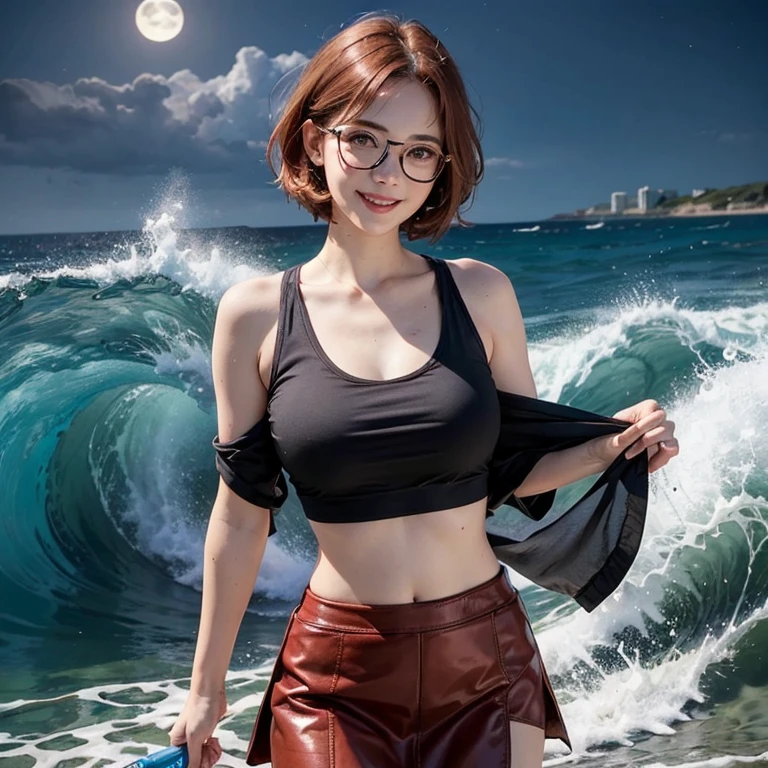 young woman, short red hair, glasses, freckles, smiling, lifting skirt, sheer under chest top, ocean beach, huge waves, moonlight
