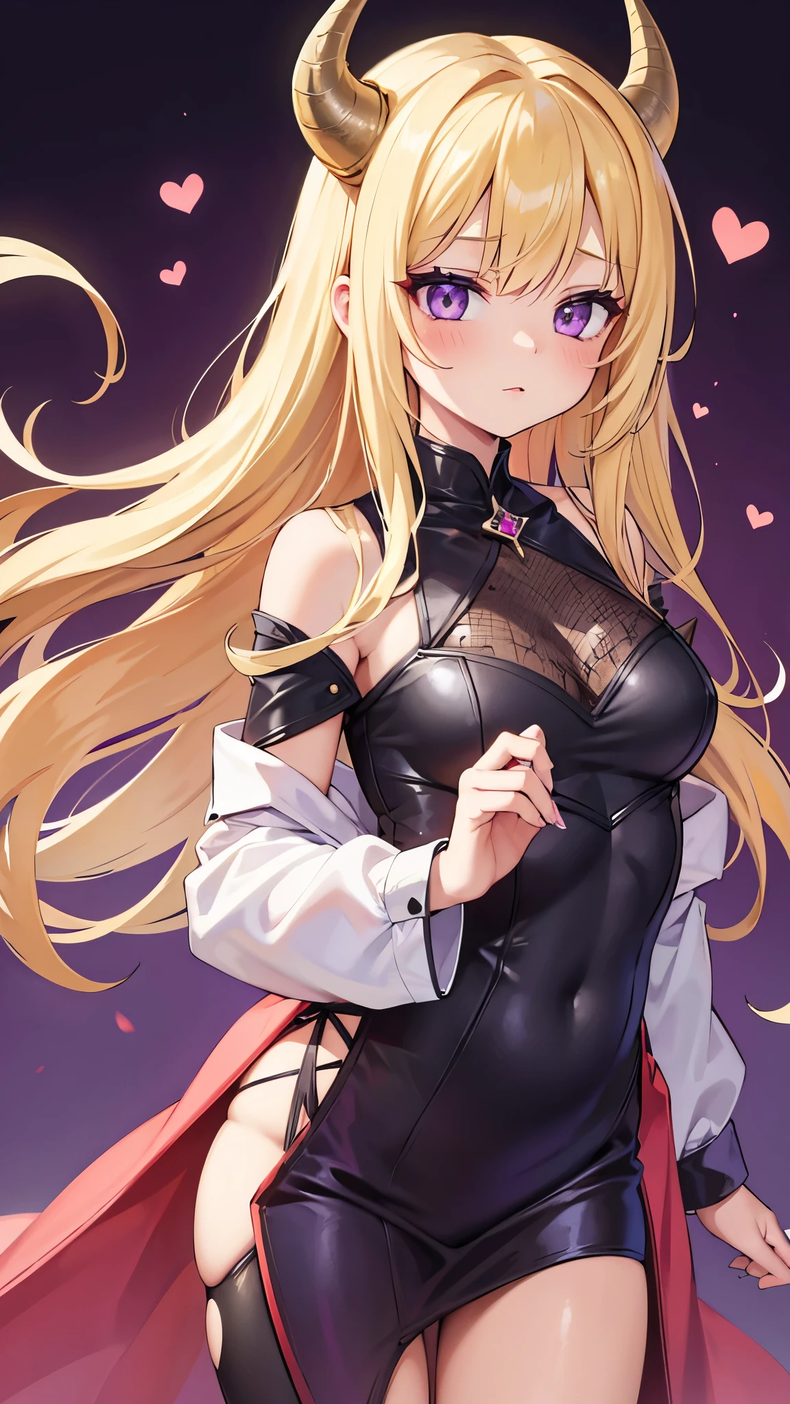 Young girl, Very long blonde hair, Horned Devil, Purple eyes, devil's slave, Open shoulders, Grin, masterpiece, high quality