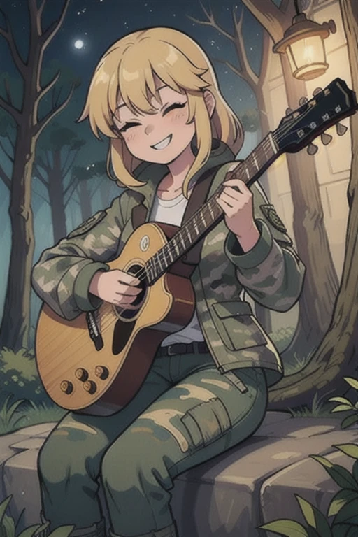 Girl with camouflage balaclava , With Your Eyes Closed, with a smile,camouflage jacket, camouflage pants, army combat boots, sitting and playing guitar, in the forest at night 