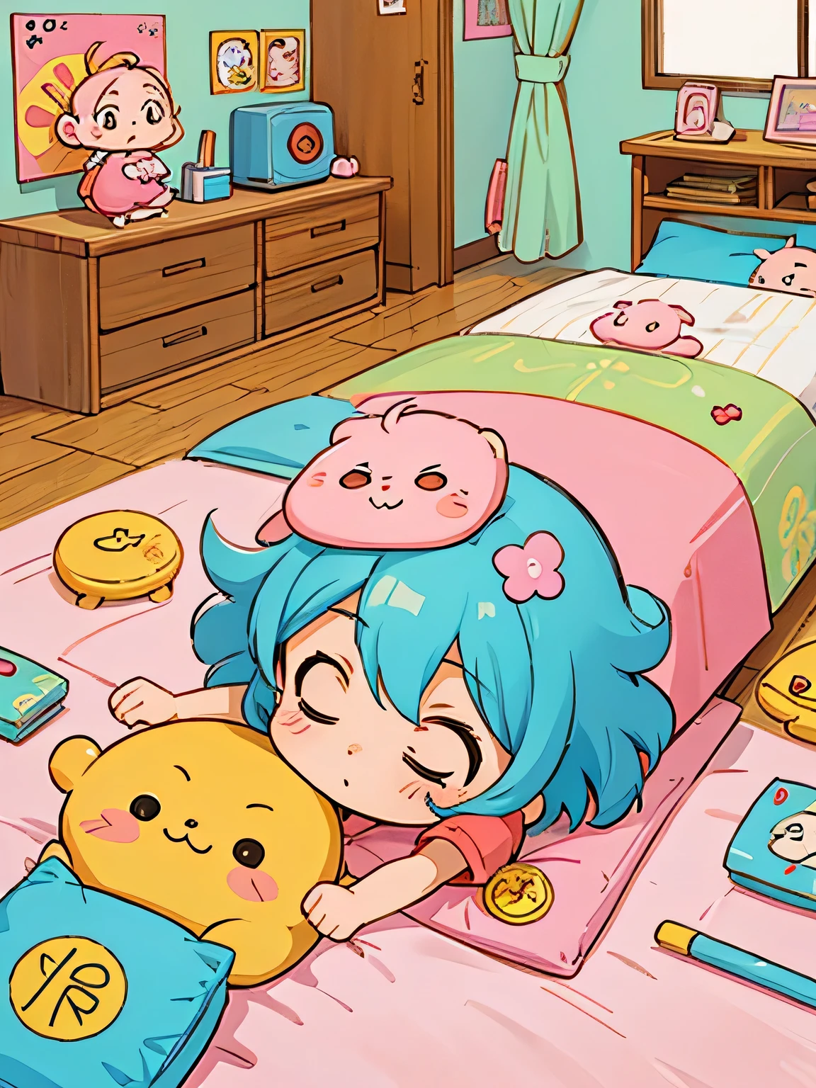 Akira Toriyama style、Kawaii Design, most beautiful girl ever、Chibi, afternoon nap、monkey, Cute bedroom for girls