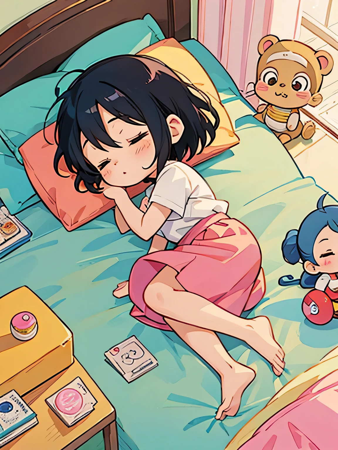 Akira Toriyama style、Kawaii Design, most beautiful girl ever、Chibi, afternoon nap、monkey, Cute bedroom for girls