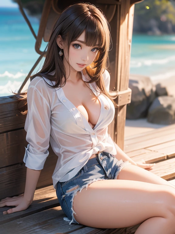 ((Extremely exposed))(High-definition image quality)極Realistic skin texture、High definition face(brown、Very long straight hair、Hair behind the ear、Beautiful moist brown hair、Smooth Hair)((Bright smile))、Gaze(sexyな25歳の女の子、Idol Makeup、Eyeliner)(Fair skin)(Sparkling eyes)Smooth Skin、Realistic skin texture ((Oversized T-shirt、Short length、Cleavage) ((Ultra short denim shorts、damage、Super tight、small、Bite、Unbutton、Ultra low rise、))))Beautiful armpits、On the position of the chest、Round big breasts、Beautiful valley、Ultra-thin waist、Waistline、Long legs、Glitter High Heels((((Seaside cafe during the day))))(((((Medium Full Shot、sexy))))))Erotic and bold poses、Leg spread