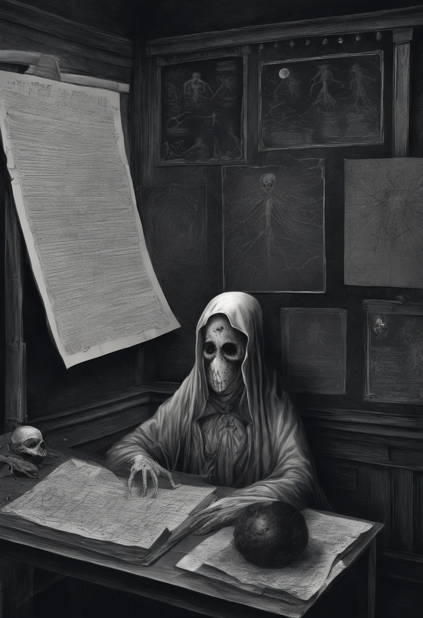 ground angle from above view of a Scary cloaked indonesian female ghost with dark grey eyes, white pale skin, is teaching in blackboard with complex horror formulas with writing "GABUT", and holding a dark doll in her arm, in dark school class background, with hanging porcelain dolls from the ceiling, horror, dark and haunting, hyperrealism, ultra-detailed,