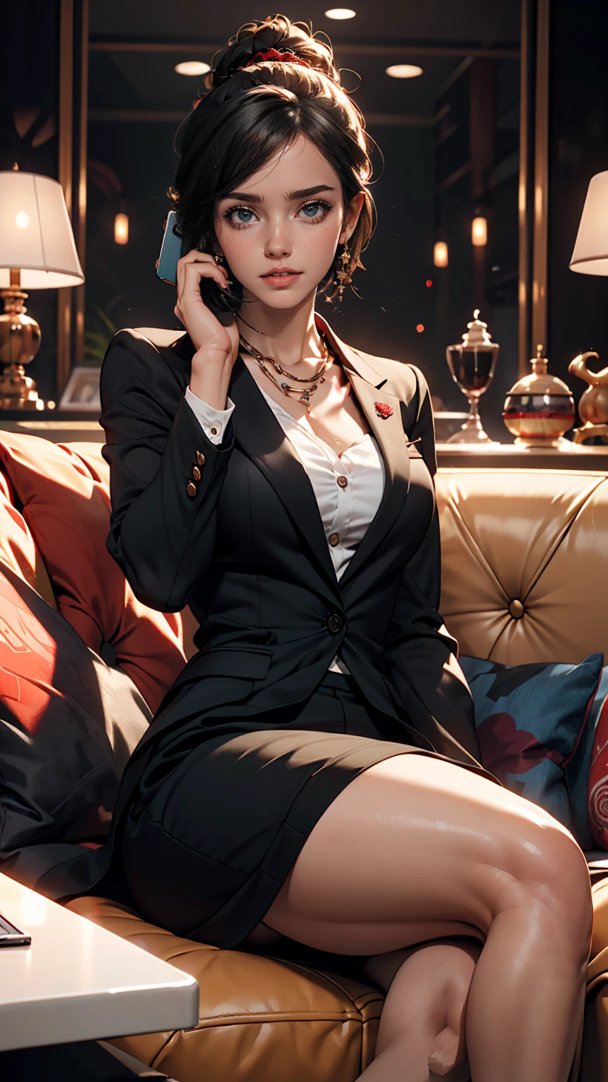 1 female, Sitting on the couch, Have a mobile phone, Black Hair, Iris, Red lips, Black suit, Question, Tangle, masterpiece, Best Quality