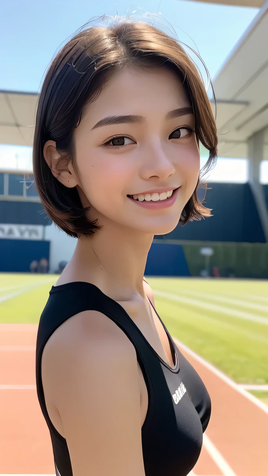 one girl, (a beauty girl, delicate girl:1.3), (, Gal:1.3), (Black sportswear:1.2), Very fine grain definition, (Symmetrical black eyes:1.3), Looking into the camera, Big smile, Showing teeth, (Track Field View:1.2), Very small breasts, Brown short hair, girl, (Eye and facial details:1.5), (masterpiece, highest quality, Super detailed, Detailed face, 8k), Cowboy Shot From Below, Hunchback posture,whole body