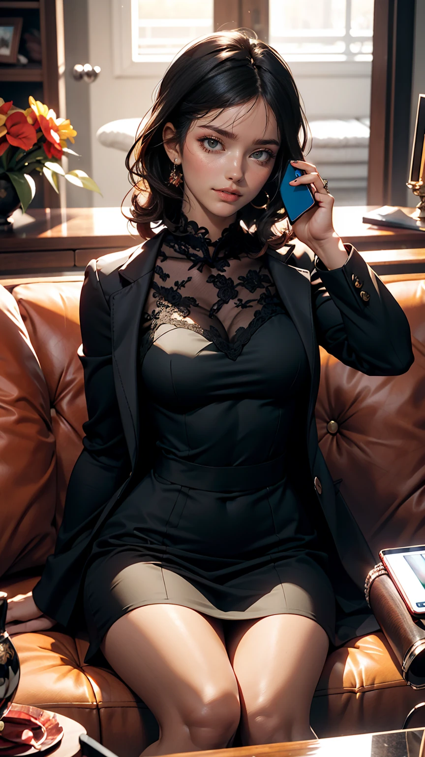 1 female, Sitting on the couch, Have a mobile phone, Black Hair, Iris, Red lips, Black suit, Question, Tangle, masterpiece, Best Quality