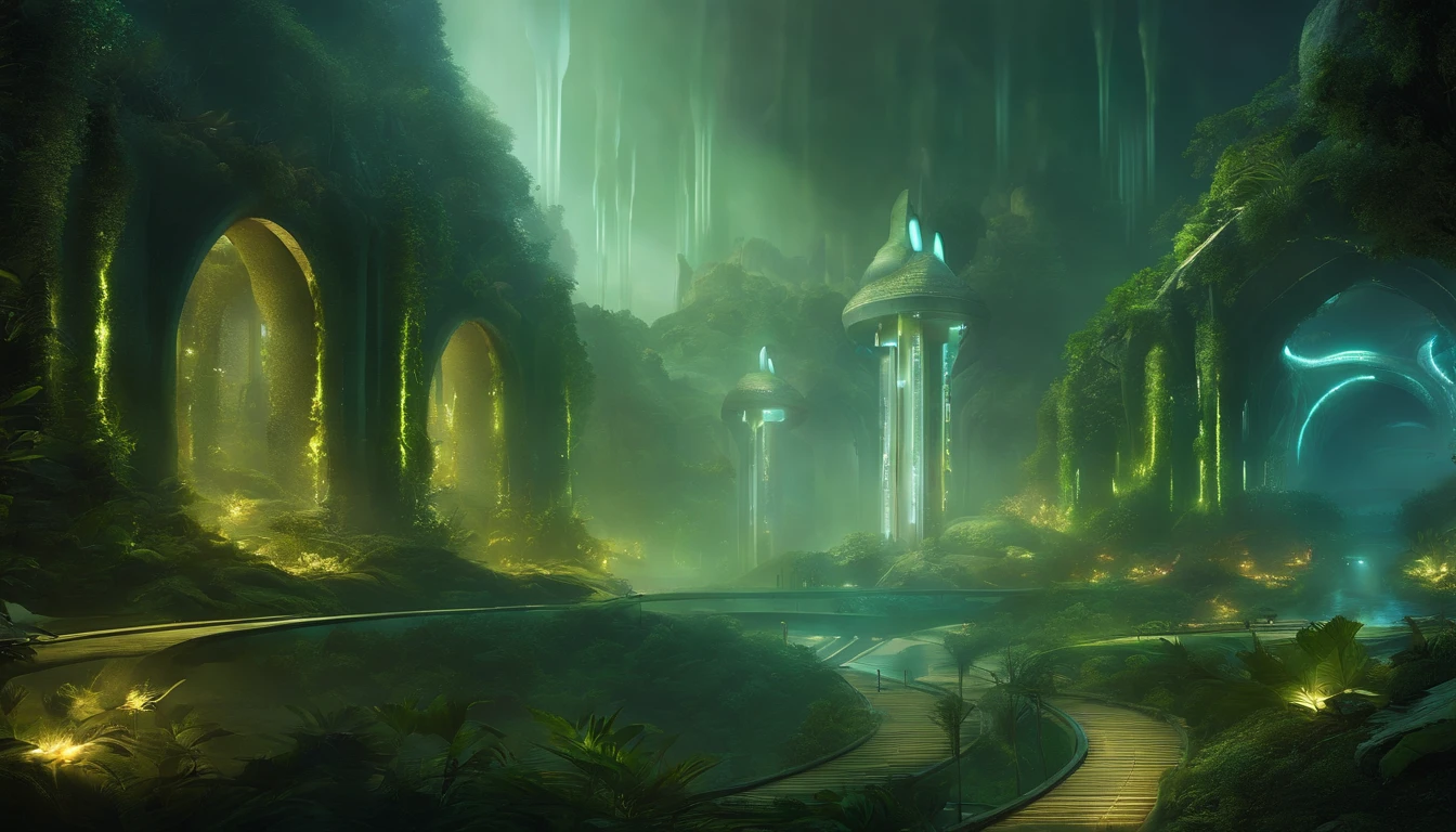 A breathtaking conceptual artwork of a futuristic underground city, where nature and technology harmoniously coexist. The vast subterranean tunnels are illuminated by an enchanting blend of bioluminescent fungi and radioluminescent fibers, casting a mesmerizing glow on ancient rock formations. Towering stalactites and stalagmites stand as silent witnesses to the bustling cityscape, while maglev trains glide silently through the corridors. The atmosphere is filled with the scent of dampness and minerals, intermingling with the faint ozone tang of high-energy plasma conduits. Holographic advertisements and neon signage intertwine with the soft glow of cultivated phosphorescent flora. The markets teem with life, offering an array of exotic products and services, while techno-shamans perform their mystical magic with futuristic technology.