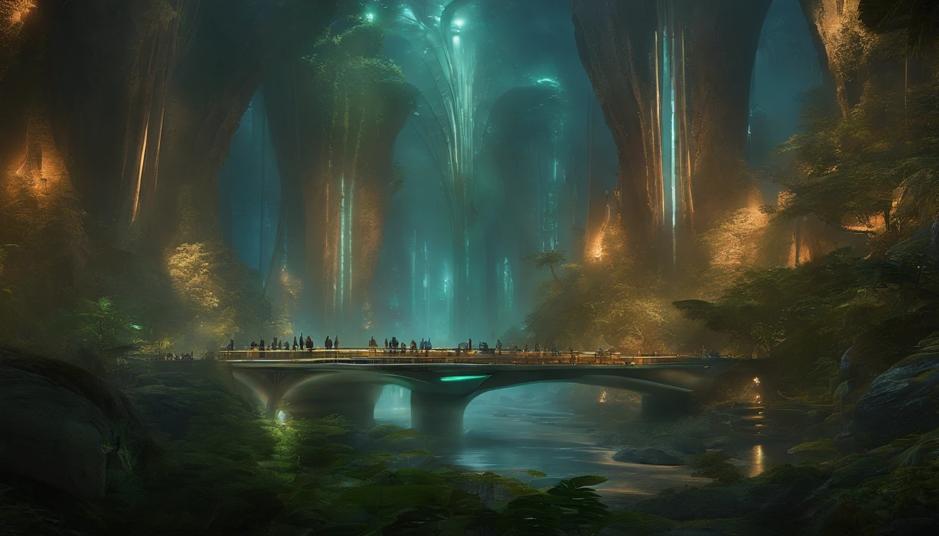 A breathtaking conceptual artwork of a futuristic underground city, where nature and technology harmoniously coexist. The vast subterranean tunnels are illuminated by an enchanting blend of bioluminescent fungi and radioluminescent fibers, casting a mesmerizing glow on ancient rock formations. Towering stalactites and stalagmites stand as silent witnesses to the bustling cityscape, while maglev trains glide silently through the corridors. The atmosphere is filled with the scent of dampness and minerals, intermingling with the faint ozone tang of high-energy plasma conduits. Holographic advertisements and neon signage intertwine with the soft glow of cultivated phosphorescent flora. The markets teem with life, offering an array of exotic products and services, while techno-shamans perform their mystical magic with futuristic technology.
