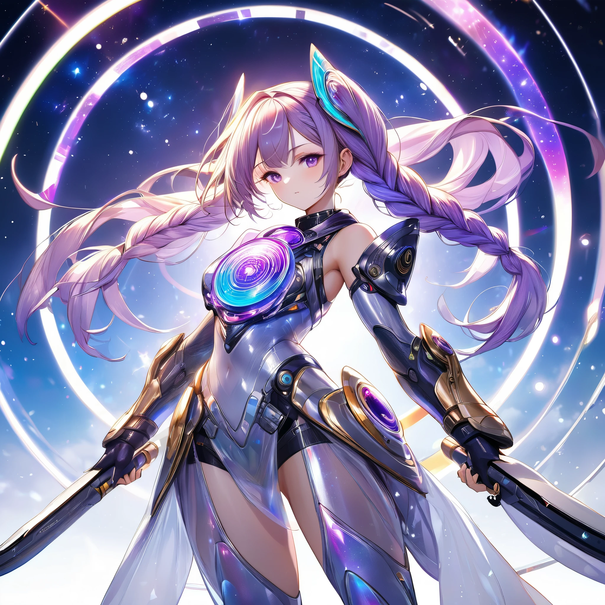 best quality, super fine, 16k, incredibly absurdres, extremely detailed, delicate and dynamic, gigantic beautiful transparent and translucent shining goddess, cool and beautiful pretty female cyber warrior in battle, and long braided low twintails with hair that gradually fades from white to purple towards the tips, iridescent magic circle, background space galaxy far away