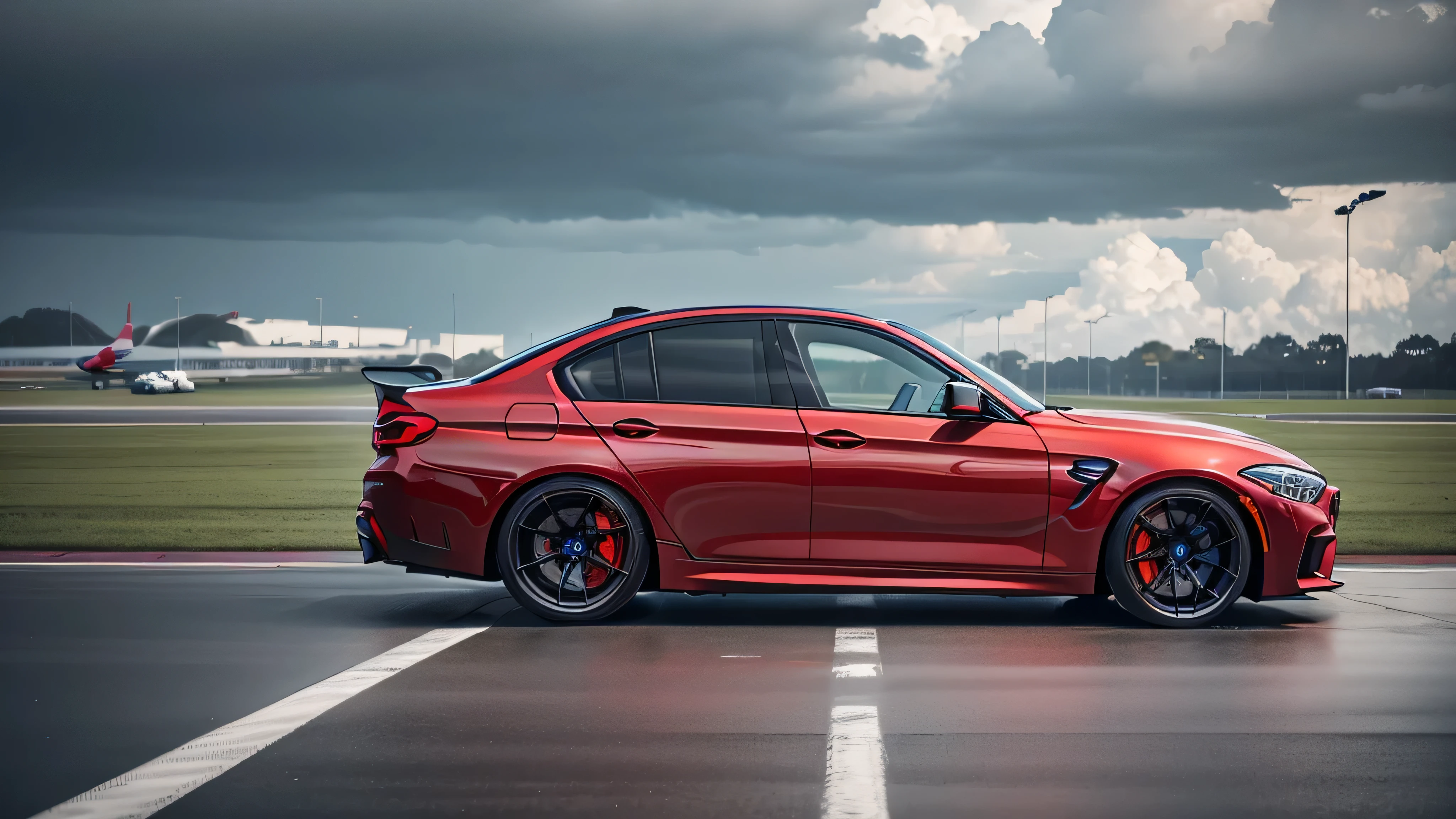 side view of a red bmw m5 on the airport runway, dark cinematic scene ,dark blue clouds, wide angle image