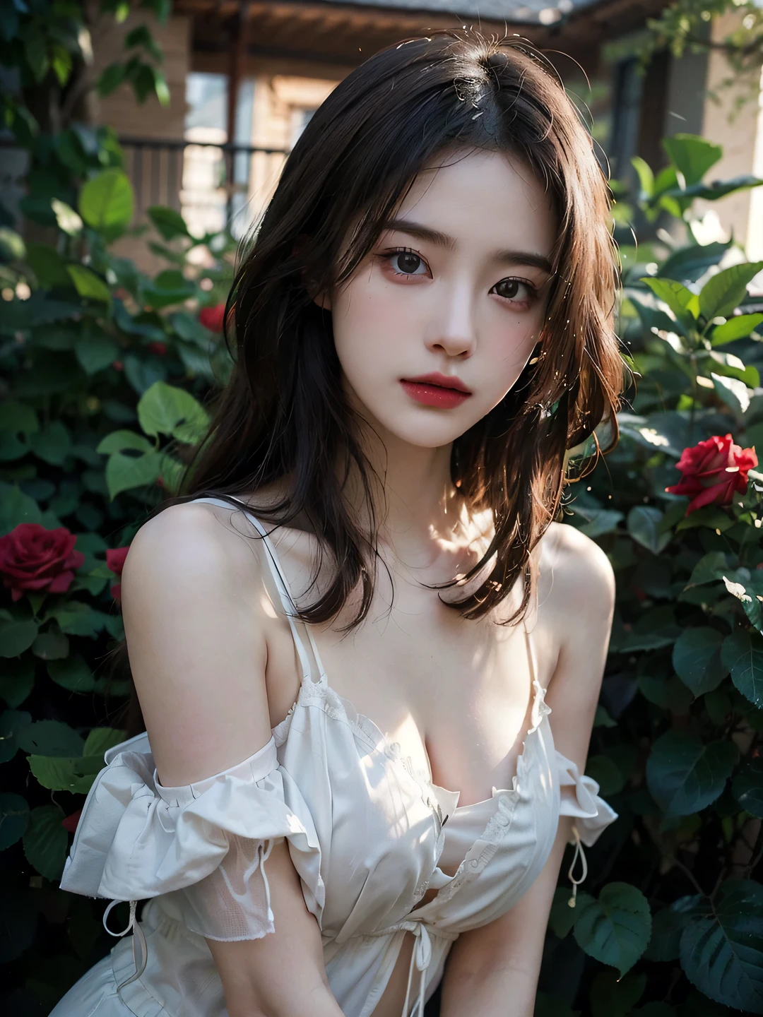 1girl, (looking at viewer:1.2), detail face, (a girl standing, rending on cgsociety, Rose bush backdrop), romanticism, atmospheric, (RAW photo, best quality), (realistic, photo-realistic:1.3), masterpiece, an extremely delicate and beautiful, extremely detailed, D cup，Cleavage，Translucent light brown tube top1.5）