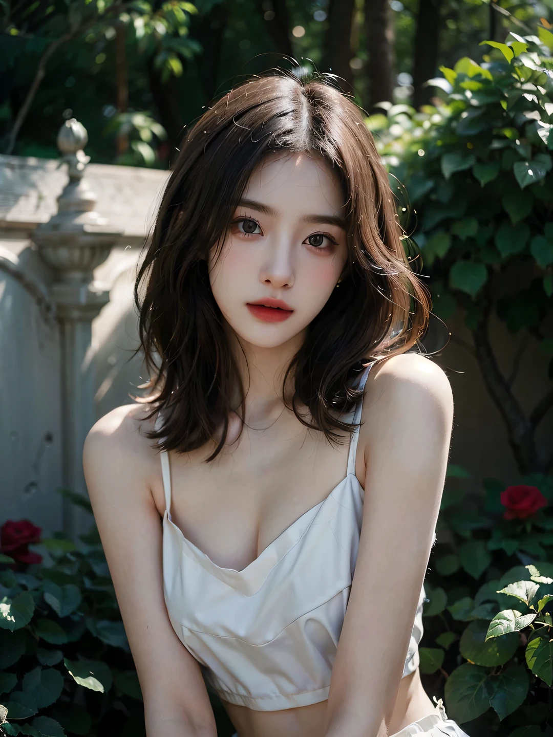 1girl, (looking at viewer:1.2), detail face, (a girl standing, rending on cgsociety, Rose bush backdrop), romanticism, atmospheric, (RAW photo, best quality), (realistic, photo-realistic:1.3), masterpiece, an extremely delicate and beautiful, extremely detailed, D cup,Cleavage,Translucent light brown tube top1.5)