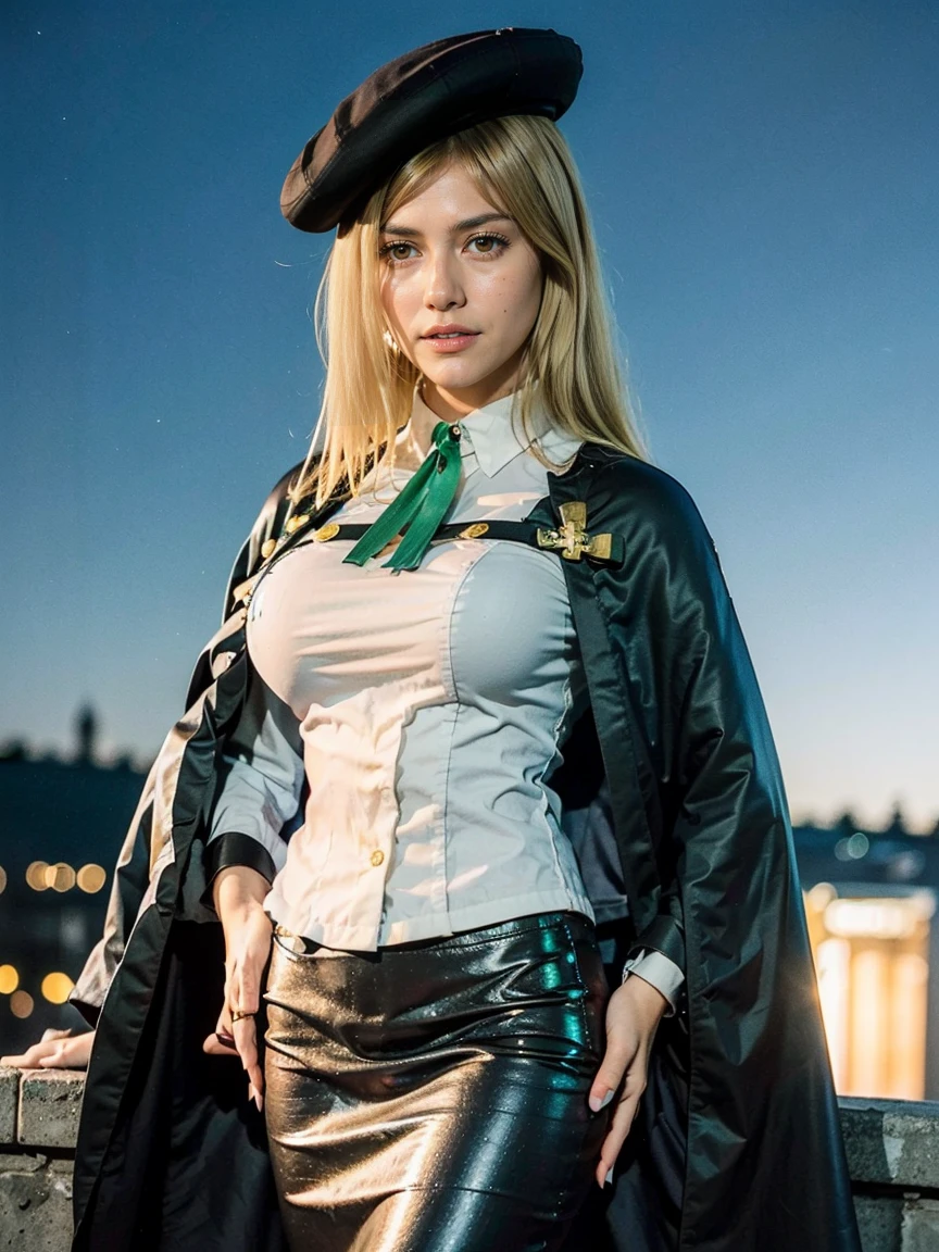 (1 lady), (Best quality at best:1.4), (ultra - detailed), (extremely detailed CG unified 16k), A Beautiful Woman with Perfect Figure: 1.4, Sharp Focus: 1.2, very detailed, High-definition RAW color photo, professional photoshooting, amazing face and eyes, cosmetics, (amazingly beautiful girl), ((Miyo)), ((ascot, uniform, black skirt, cross, ribbon, emerald, beret, cape, pantyhose)), standing, sexyposture,(Dark and stylish huge gothic cathedral from outside, city lights at night, city lights:1.3), realistic cinematic face, head to feet long wide zoomed out view, full body long view, photorealistic, ((realistic natural gold blonde hair style, yellow honey eyes, long hair)), gorgeous, extremely beautiful face, perfect model beauty, pout mouth, Highly Detailed Face and Skin Texture, Detailed Eyes, Double Eyelids, Natural Big Breasts, Smile, cleavages, western, (masterpiece), best quality, high resolution, extremely detailed, blurred background, depth of field, cinematic lighting, amazing legs, high heels, clear and well-cared skin,