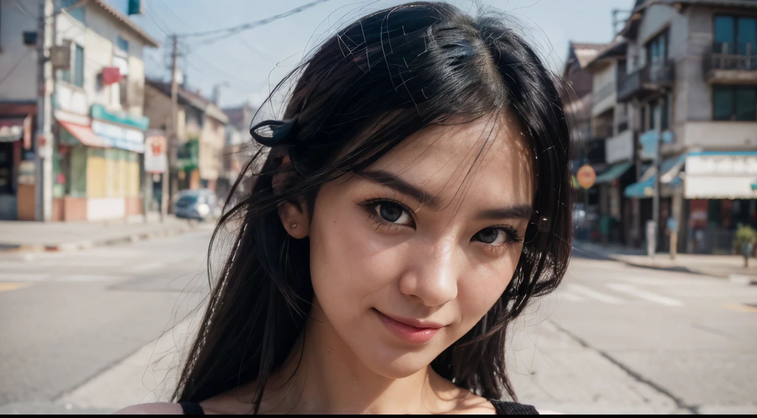 black hair, hair bobbles, wince, longeyelashes, solid circle eyes, light smile, ear blush, fang, Surrealism, drop shadow, anaglyph, stereogram, tachi-e, pov, atmospheric perspective, 8k, super detail, ccurate, best quality