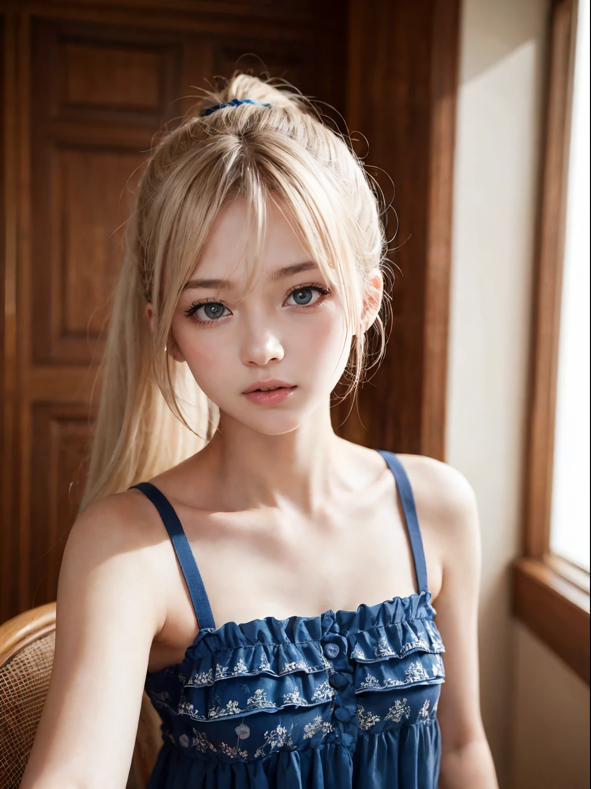 Bright expression、Photorealism、highest quality、超A high resolution、picture、Photos of the most beautiful Scandinavian anorexic girls、A cute and beautiful face down to the last detail、Small Face、(Purelos Face_v1:0.008)、Beautiful Bangs、Alice in Wonderland、、Glowing White Skin、ponytail、Bangs on the face、Bans、Hair between the eyes、Super long hair、Glamorous light platinum blonde super long silky hair、Beautiful bright transparent light blue big eyes that are charming and shining、、、eyeliner、double eyelid、Sit on a chair。