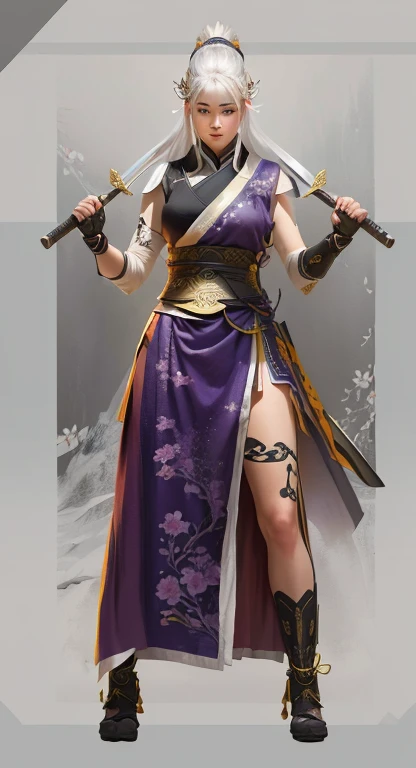 a close up of a person holding two swords in their hands, samurai feminino, north adult guerreira, guerreira, bela arte conceitual de corpo inteiro, Kunoichi, inspirado em Ju Lian, beautiful guerreira, Xianxia de corpo inteiro, wuxia de corpo inteiro, arte conceitual detalhada de corpo inteiro, epic and exquisite character art, inspirado em Du Jin