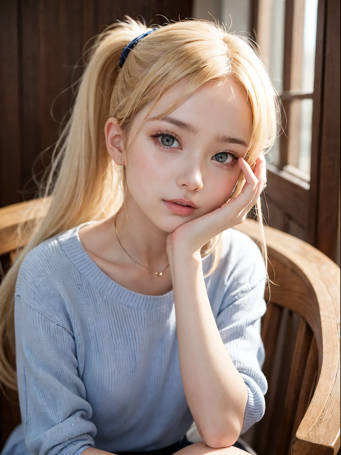 Bright expression、Photorealism、highest quality、超A high resolution、picture、Photos of the most beautiful Scandinavian anorexic girls、A cute and beautiful face down to the last detail、Small Face、(Purelos Face_v1:0.008)、Beautiful Bangs、Alice in Wonderland、、Glowing White Skin、ponytail、Bangs on the face、Bans、Hair between the eyes、Super long hair、Glamorous light platinum blonde super long silky hair、Beautiful bright transparent light blue big eyes that are charming and shining、、、eyeliner、double eyelid、Sit on a chair。