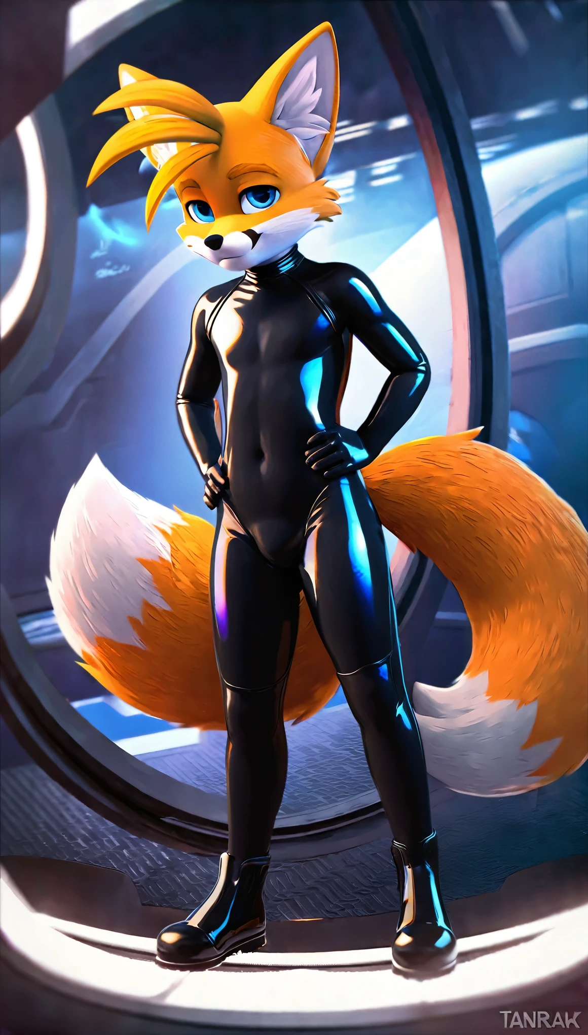 full body image, (((by tanraak))), solo, 1boy, male, boy, cinematic, (((Miles 'Tails' Prower the fox))), ((orange fur)), ((blue eyes)), ((two tails)), wearing a bodysuit, The bodysuit has (((Pearlescent black latex coloring))), creating a futuristic look. has a seductive smirk on his face