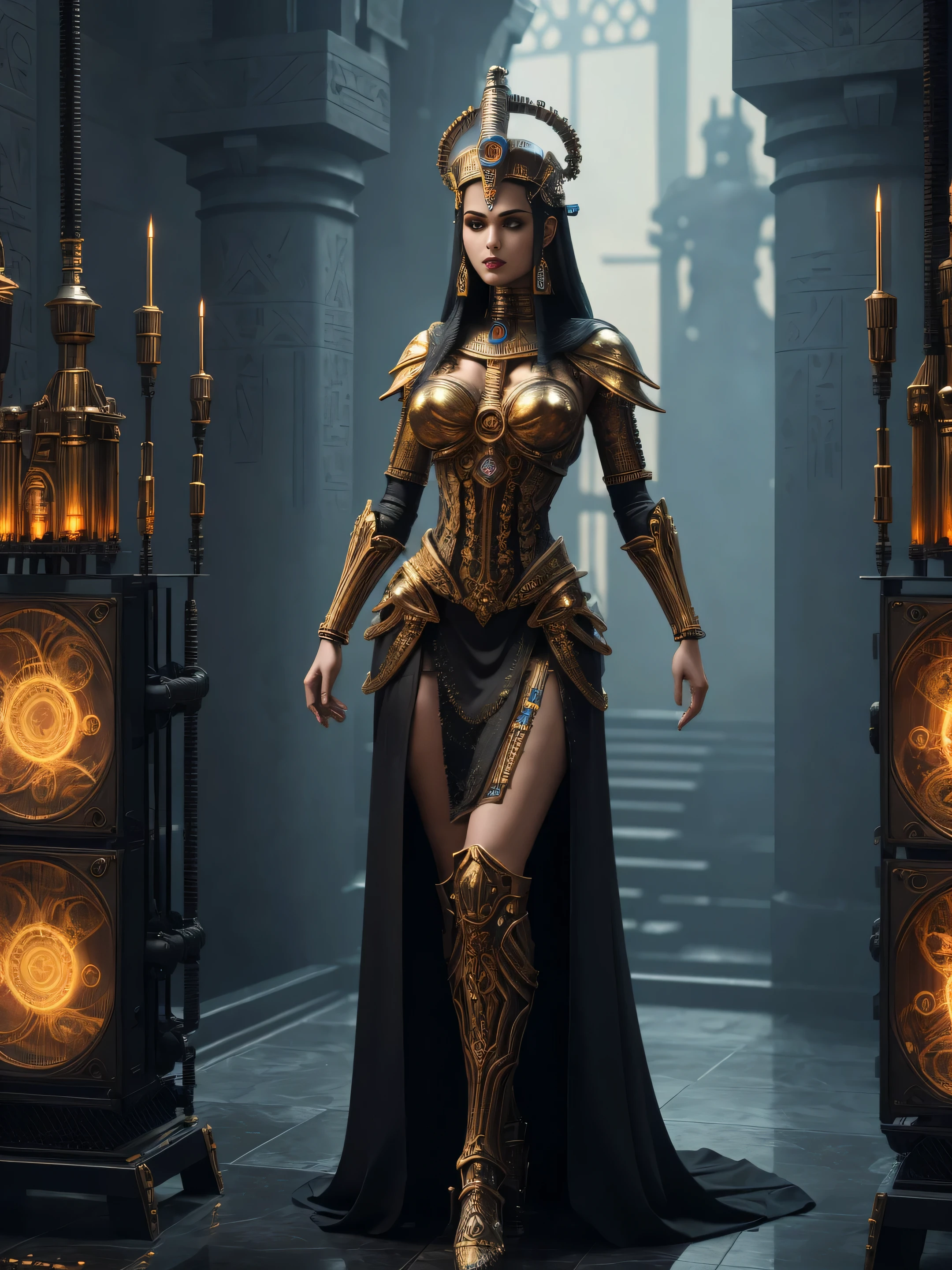 full body fantasy image of medieval egyptian goddess with intricate structure on her head, behind her is an intricate extraterrestrial alien machine, pipes, gears, computer monitor, smoke, steam, 3D, elaborate abro details, dusk, foreboding, gloomy, futuristic