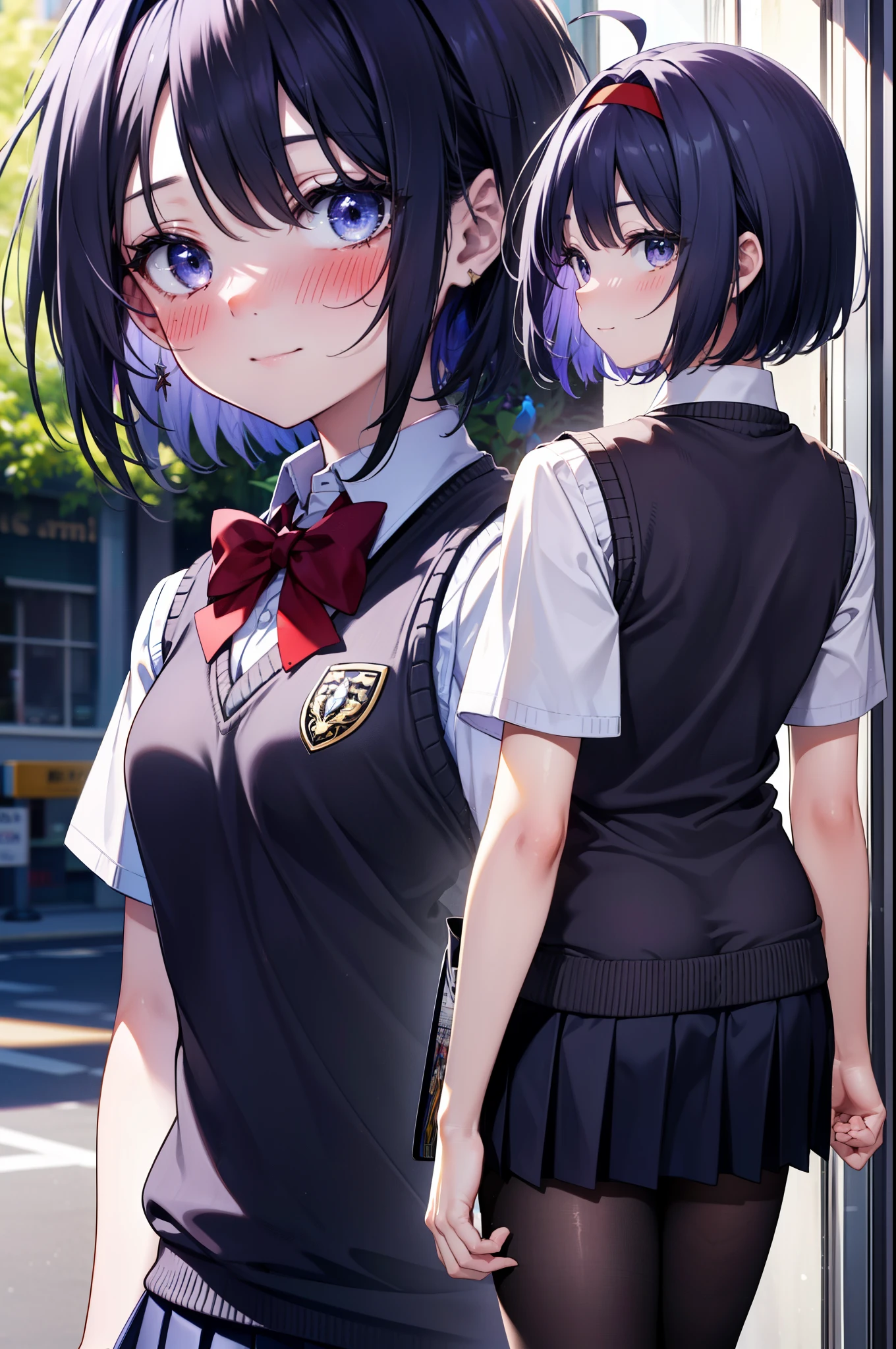 yuukikonno, Yuki Konno,Black Hair,short hair,Bob Hair ,Ahoge,Green headband,(Iris:1.5), (Small breasts:1.2), smile,break skirt, shirt, bow, ribbon, , white shirt, Short sleeve, Pleated skirt, collared shirt, mini skirt, bowtie, 茶色のloafers , Black Skirt, Black pantyhose, loafers, black bow, Sweater vest, (back Sweater vest:1.5),whole bodyがイラストに入るように,Walking,
break indoors, In town,Building district,
break looking at viewer, whole body,
break (masterpiece:1.2), highest quality, High resolution, unity 8k wallpaper, (shape:0.8), (Beautiful details:1.6), Highly detailed face, Perfect lighting, Highly detailed CG, (Perfect hands, Perfect Anatomy),