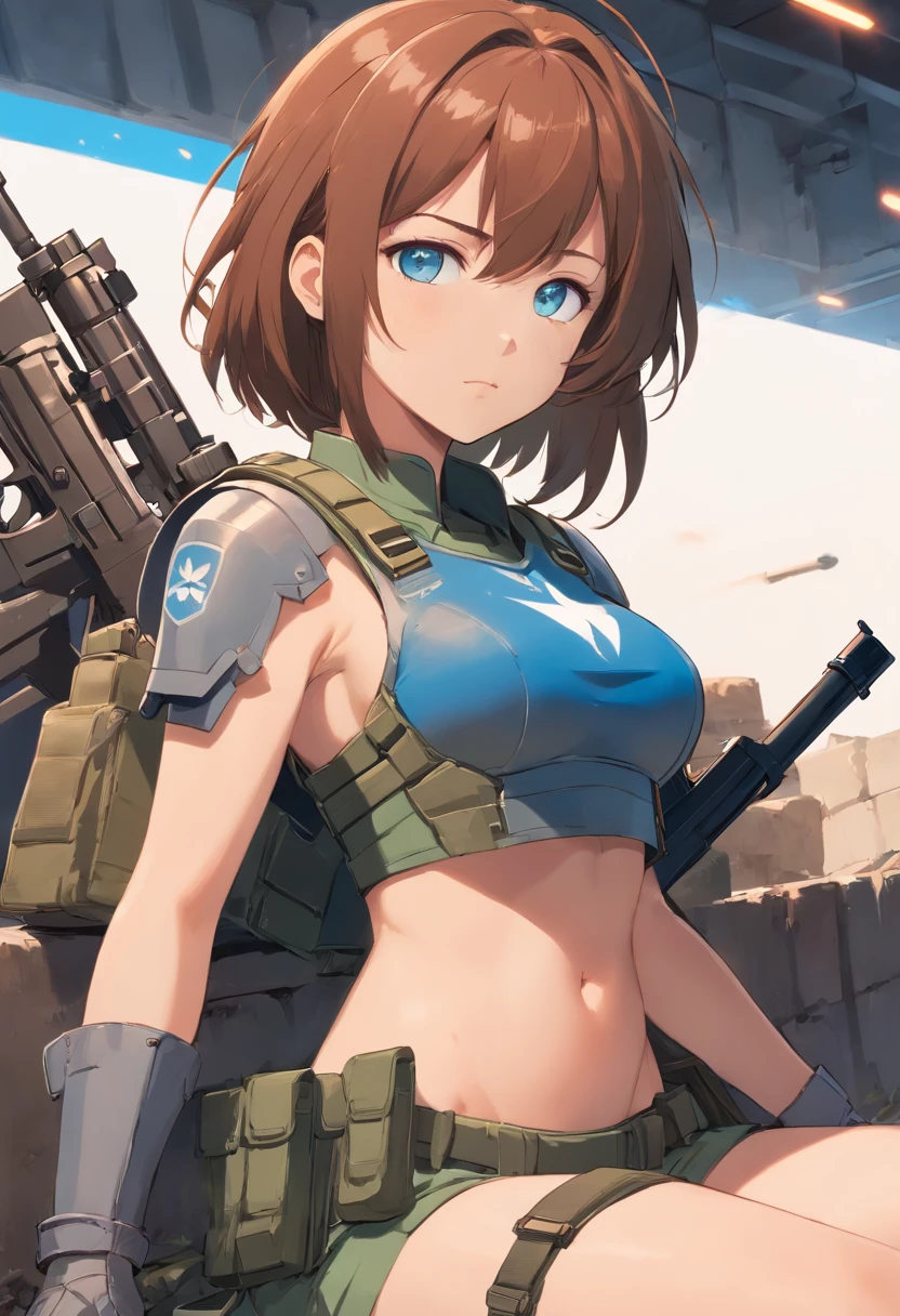 beautiful woman, woman wearing body armor, (the girl has a bare stomach) the girl has blue eyes, chestnut hair, the girl has large breasts holding an M4A1S assault rifle with the Ukrainian flag in her hands, Sitting in a trench