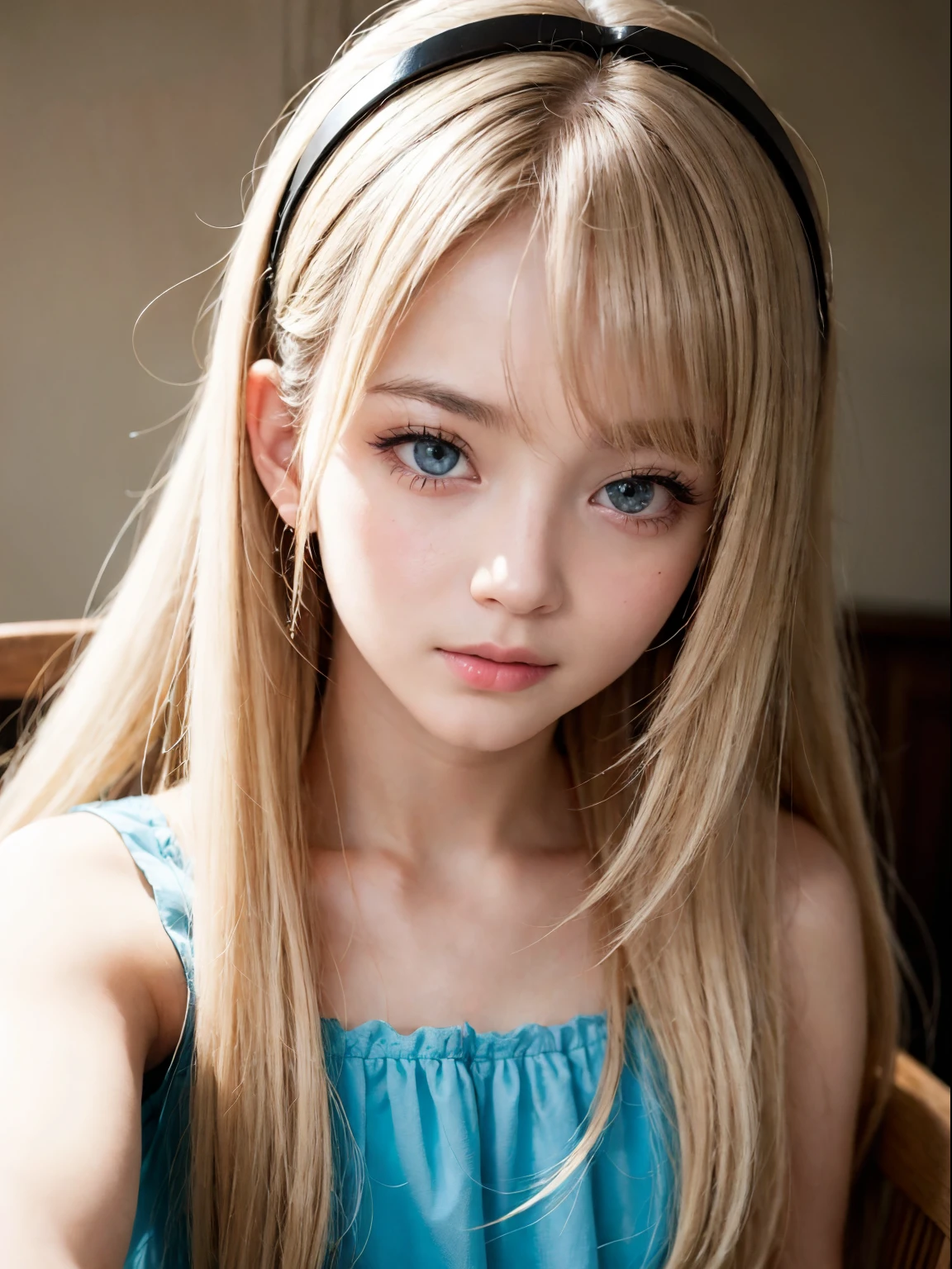 Bright expression、Photorealism、highest quality、超A high resolution、picture、Photos of the most beautiful Scandinavian anorexic girls、A cute and beautiful face down to the last detail、Small Face、(Purelos Face_v1:0.008)、Beautiful Bangs、Alice in Wonderland、17 years old、Glowing White Skin、ponytail、Bangs on the face、Bans、Hair between the eyes、Super long hair、Glamorous light platinum blonde super long silky hair、Beautiful bright transparent light blue big eyes that are charming and shining、、、eyeliner、double eyelid、Sit on a chair。