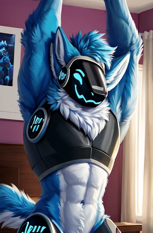 , (((Light blue fur protogen))) , big chest, day, sexy, sensual, detailed, uploaded to e621, beautiful and detailed portrait of an anthropomorphic Light blue fur protogen, (((male))) uploaded to e621, zaush, foxovh, movie lighting, , thicc, alone, muscles, muscular build, movie cover, movies poster, in a bedroom waking up stretching his arms up in the air looking really adorable as he's yawning cuz he just woke up,