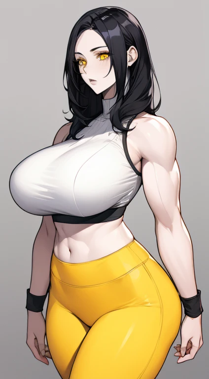 1 girl, muscular, pale skin, black hair, yellow eyes, huge breasts, crop top leggings, 