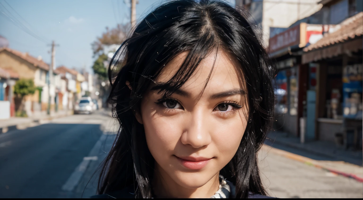 black hair, hair bobbles, wince, longeyelashes, solid circle eyes, light smile, Surrealism, drop shadow, anaglyph, stereogram, tachi-e, pov, atmospheric perspective, 8k, super detail, ccurate, best quality