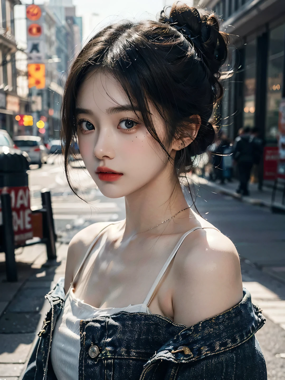 1girl, (looking at viewer:1.2), detail face, (a girl standing, rending on cgsociety, black shadows, streaming, new york backdrop), romanticism, atmospheric, (RAW photo, best quality), (realistic, photo-realistic:1.3), masterpiece, an extremely delicate and beautiful, extremely detailed,Hair in a bun,Wear delicate earrings, D cup,Cleavage,Light blue denim jacket,Translucent white tube top1.5,