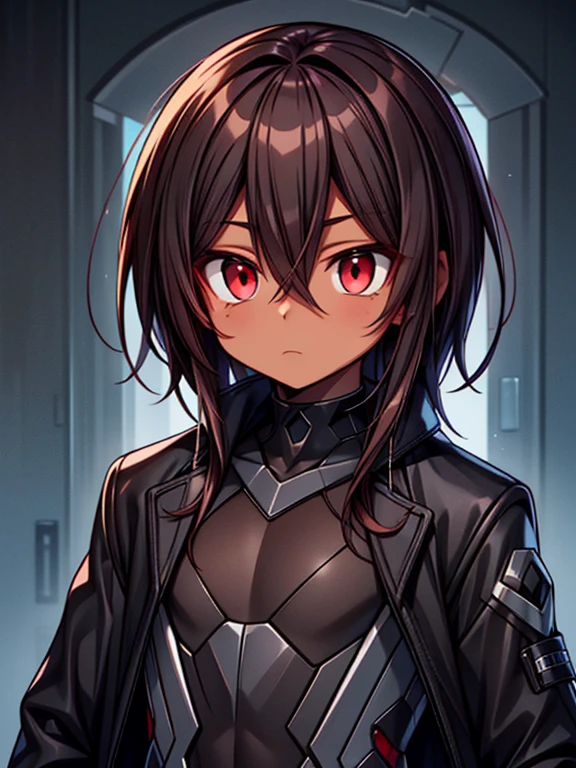 dark skin, male, (((medium dark brown hair))), big red eyes and a very androgynous face, wearing a black exoskeleton bodysuit and a long black coat taimanin with sliver accent, black armoured taimanin_suit,