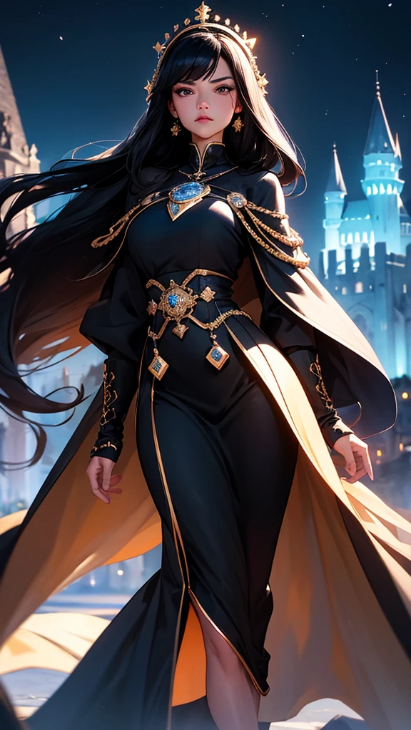 A woman, black hair, black eyes, royal outfit, stoic expression,at night, looking at the camera, black castle in the background, blue background