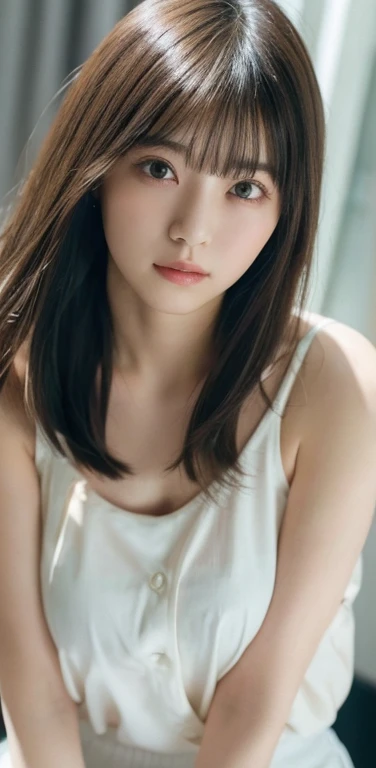masterpiece, highest quality, 8k, 20th Generation, Big Breasts, cute, alone, sad, cute, girly, Delicate girl, Pure beauty, RAW Photos, Professional photography, Portraiture, Soft Light, Professional Lighting, Backlight, Upper Body, avert your eyes, Sophisticated, Film Grain, (Eye and facial details:1.0), floating short hair, beautiful, Flowing Hair, bangs, Loose Camisole、(Big Breasts:1.0)、A little bit of cleavage is visible、dolly make、Odd Eye、Left and right eyes are different colors