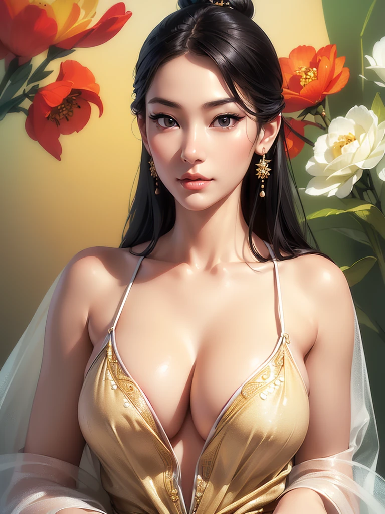 (best quality,ultra-detailed,realistic:1.37),(Korean:1.1)(beautiful detailed dress,adult,woman,detailed description),(beautiful detailed woman,beautiful Chinese background,exposed collarbone),(black eyes,natural eyes,realistic facial features,beautiful leg line),(sexy,full body photo,realistic body proportions,accurate eye ratio),(frontal photo,realistic and slender face)