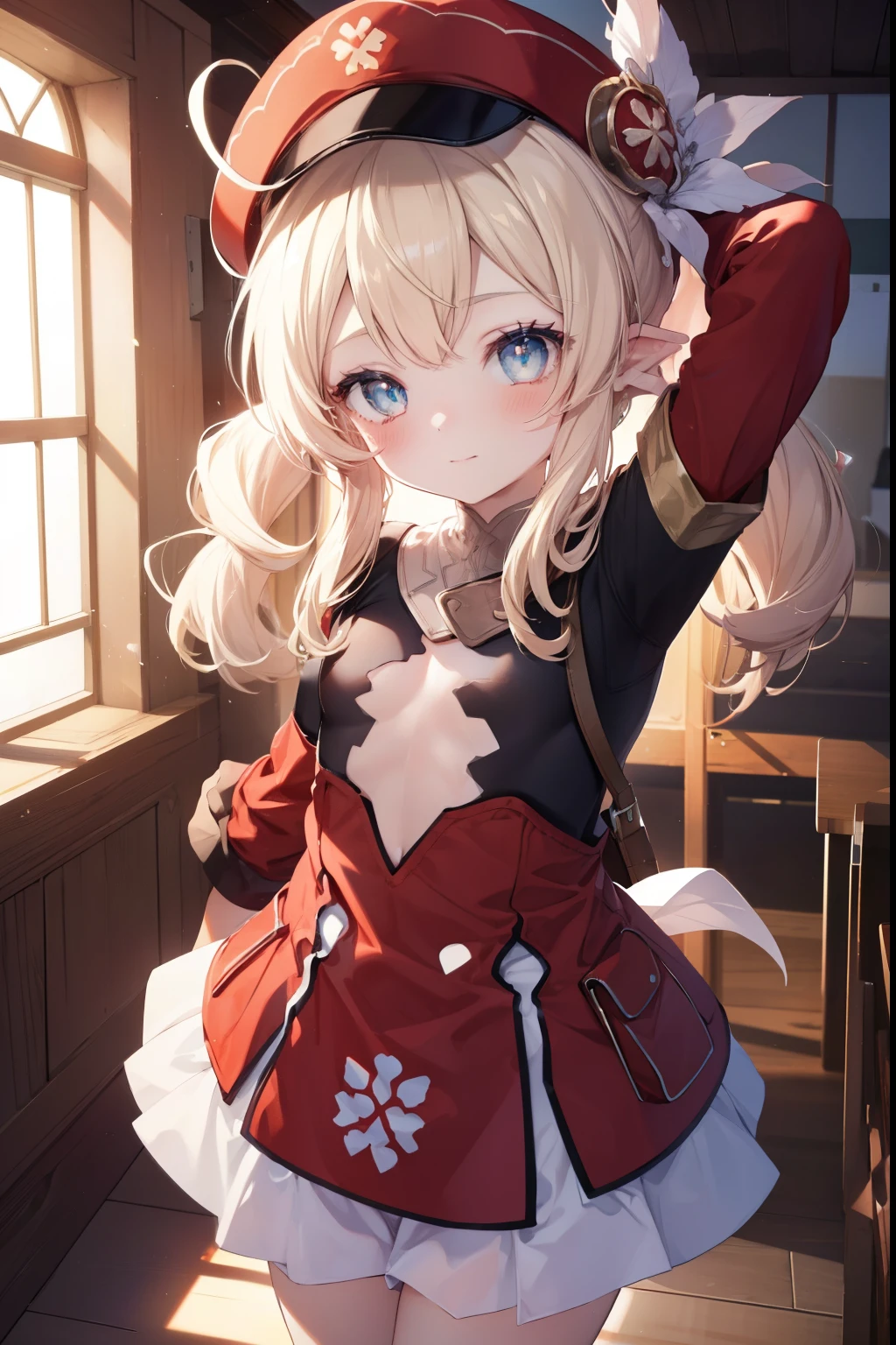 clay、blush,smile、Usual clothes、Red clothes、Red Hat、Combat Uniform、、The back is very small、Lolita、Small breasts、Show me your armpits、exterior: 14 years old、Shoulder Bicle is visible、Sexy thighs、Beautiful feet、Usual hairstyle、highest quality, High resolution, unity 8k wallpaper, (shape:0.8), (Beautiful and beautiful eyes:1.6), Highly detailed face, Perfect lighting, Extremely detailed CG, (Perfect hands, Perfect Anatomy),