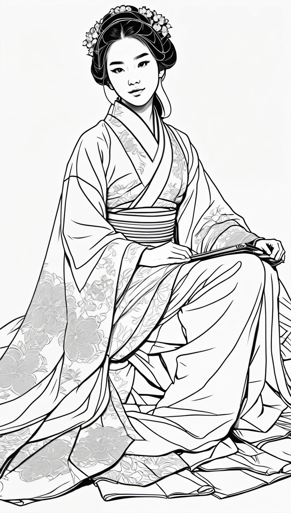 best quality, masterpiece, cinematic lighting, intricate, simple background, detailed face, full body, (outline:1.2), (popart:1.3), lineart, , , 1girl, sitting, hanfu, skistyle,, ,  