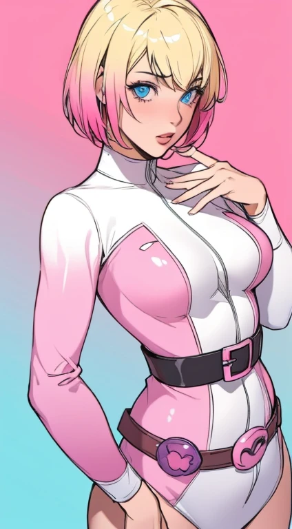 gwenpool, 1girl, blonde hair, multicolored hair, solo, blue eyes, short hair, gradient hair, belt, two-tone hair, pink hair, breasts.