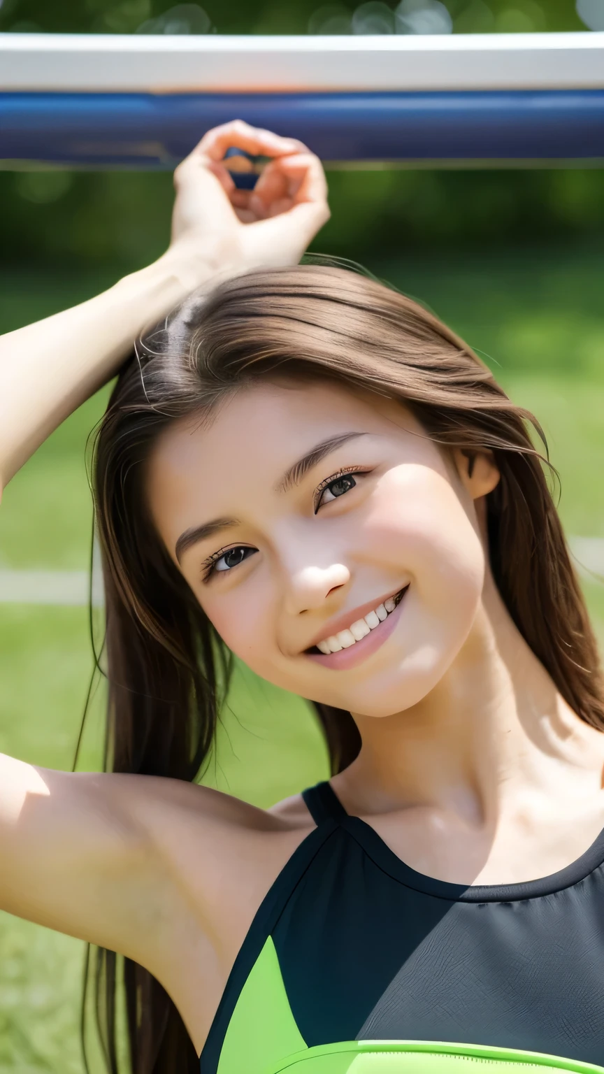 one girl, (a beauty girl, delicate girl:1.3), (, Gal:1.3), (Green sportswear:1.2), Very fine grain definition, (Symmetrical black eyes:1.3), Looking into the camera, Big smile, Showing teeth, (Track Field View:1.2), Very small breasts, Brown short hair, girl, (Eye and facial details:1.5), (masterpiece, highest quality, Super detailed, Detailed face, 8k), Cowboy Shot From Below, Hunchback posture,whole body