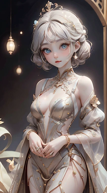 Girl、Ultra delicate、Beautiful woman、high quality、High-grade fabrics、Big eyes、In the light,Big eyes、Slender body、Luxury dress、Gold and silver accessories、Small breasts