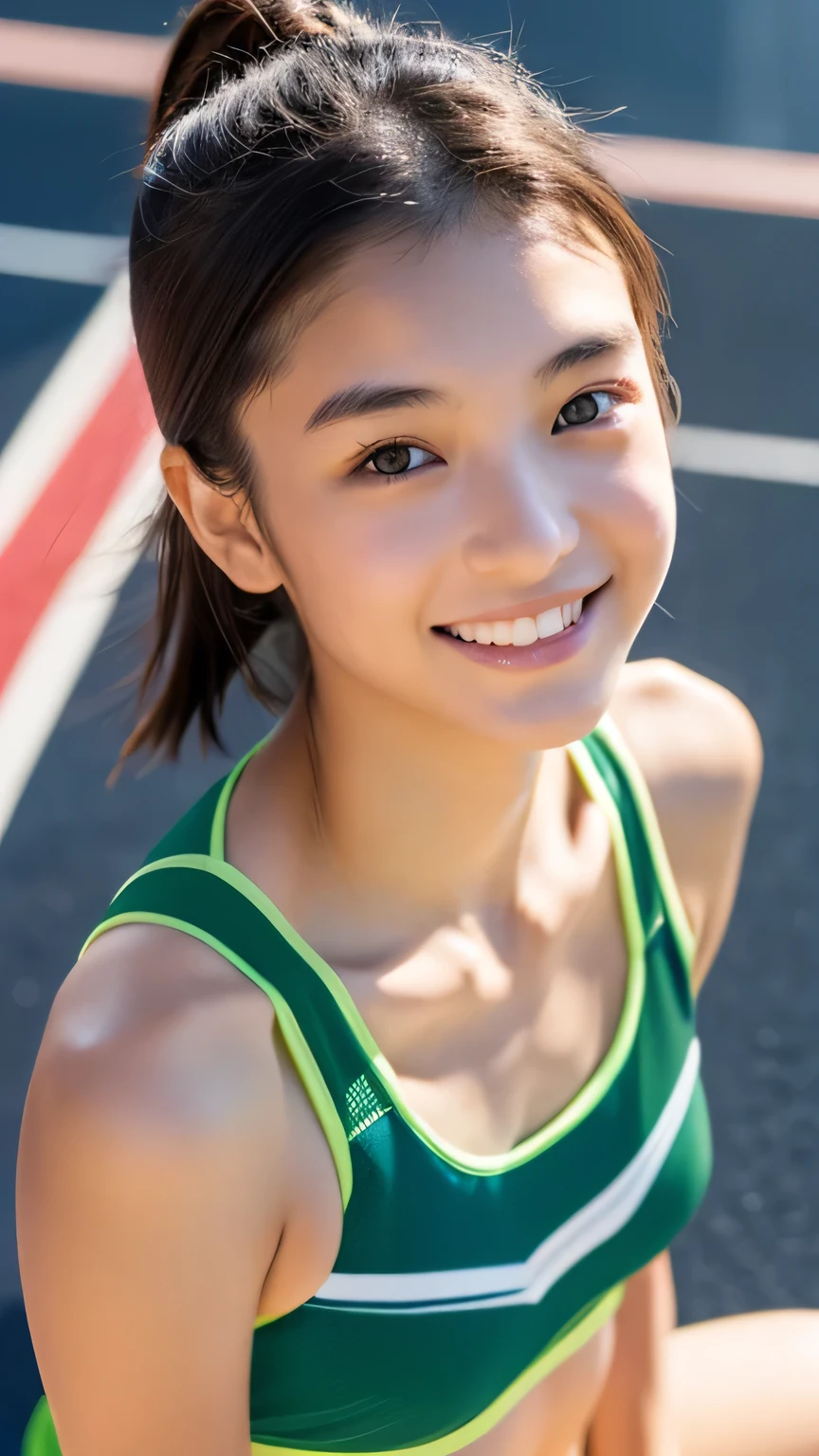 one japanese girl, (a beauty girl, delicate girl:1.3), (16 years old, Gal:1.3), (Green sportswear:1.2), Very fine grain definition, (Symmetrical black eyes:1.3), Looking into the camera, Big smile, Showing teeth, (Track Field View:1.2), Very small breasts, Brown short hair, girl, (Eye and facial details:1.5), (masterpiece, highest quality, Super detailed, Detailed face, 8k), Cowboy Shot From Below, Hunchback posture,whole body