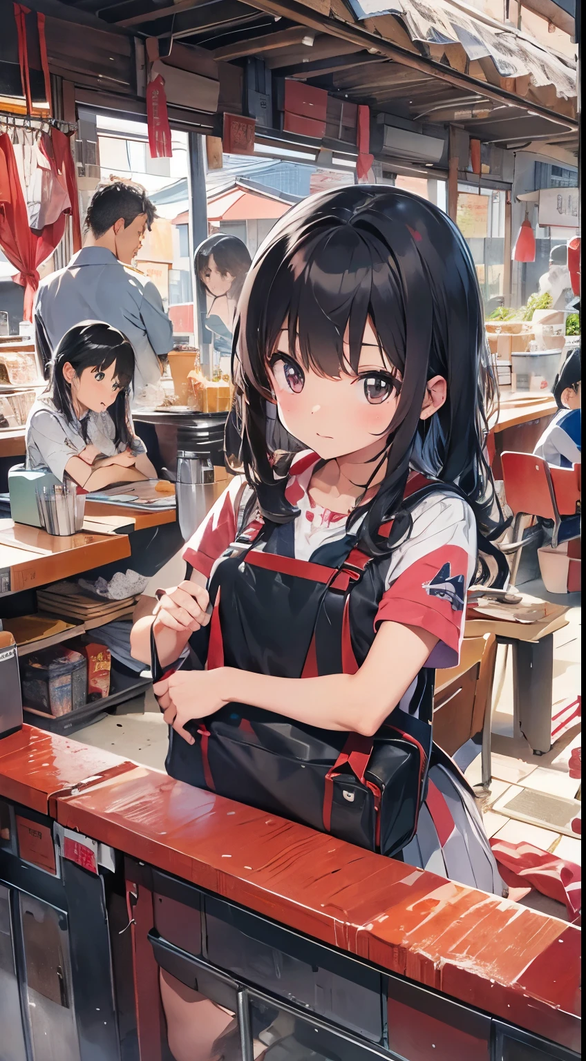 Black Hair、Red ribbon、high quality、student、friend、In town、Cafe、large crowd、