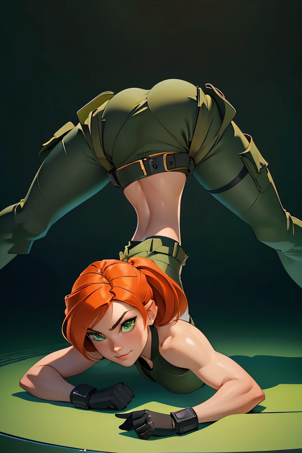 1girl, jackopose, top-down bottom-up, in a beautiful clean gym, looking at the viewer, Kim Possible, wearing (Orange-red hair, green eyes, confident expression, black crop top, black gloves, brown belt, green cargo pants:1.1), hot, horny, aroused, blushing, ((detailed)), ((best quality)), ((masterpiece)), extremely detailed CG unity 8k wallpaper, 32k, focus sharp, photo of perfecteyes eyes, perfecteyes eyes, Masterpiece, raw, beautiful art, professional artist, 8k, very detailed face, very detailed hair, perfectly drawn body, beautiful face, very detailed eyes, smiling, rosey cheeks, intricate details in eyes, perfect fit body, beautiful body, extremely detailed, intricate details, highly detailed, sharp focus, detailed skin, realistic skin texture, texture, detailed eyes, high resolution, kodak vision color, foto_\(ultra\), post-processing, maximum detail, roughness, real life, ultra realistic, photorealism, photography, absurdres, RAW photo, highest quality, high detail RAW color photo, professional photo, extremely detailed UHD 8k wallpaper unit, best quality, highres, (masterpiece, top quality, high resolution:1.4), photo, cinematic, film grain, sharp, soft natural light, magic photography, super detailed, anatomically correct, perfect anatomy.