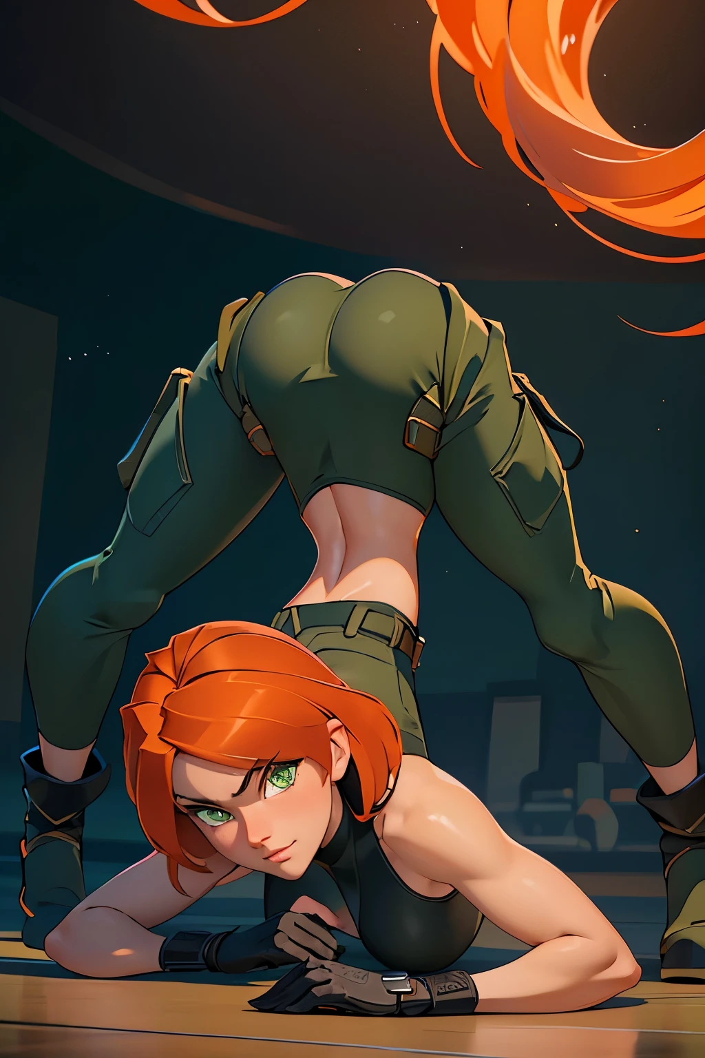 1girl, jackopose, top-down bottom-up, in a beautiful clean gym, looking at the viewer, Kim Possible, wearing (Orange-red hair, green eyes, confident expression, black crop top, black gloves, brown belt, green cargo pants:1.1), hot, horny, aroused, blushing, ((detailed)), ((best quality)), ((masterpiece)), extremely detailed CG unity 8k wallpaper, 32k, focus sharp, photo of perfecteyes eyes, perfecteyes eyes, Masterpiece, raw, beautiful art, professional artist, 8k, very detailed face, very detailed hair, perfectly drawn body, beautiful face, very detailed eyes, smiling, rosey cheeks, intricate details in eyes, perfect fit body, beautiful body, extremely detailed, intricate details, highly detailed, sharp focus, detailed skin, realistic skin texture, texture, detailed eyes, high resolution, kodak vision color, foto_\(ultra\), post-processing, maximum detail, roughness, real life, ultra realistic, photorealism, photography, absurdres, RAW photo, highest quality, high detail RAW color photo, professional photo, extremely detailed UHD 8k wallpaper unit, best quality, highres, (masterpiece, top quality, high resolution:1.4), photo, cinematic, film grain, sharp, soft natural light, magic photography, super detailed, anatomically correct, perfect anatomy.