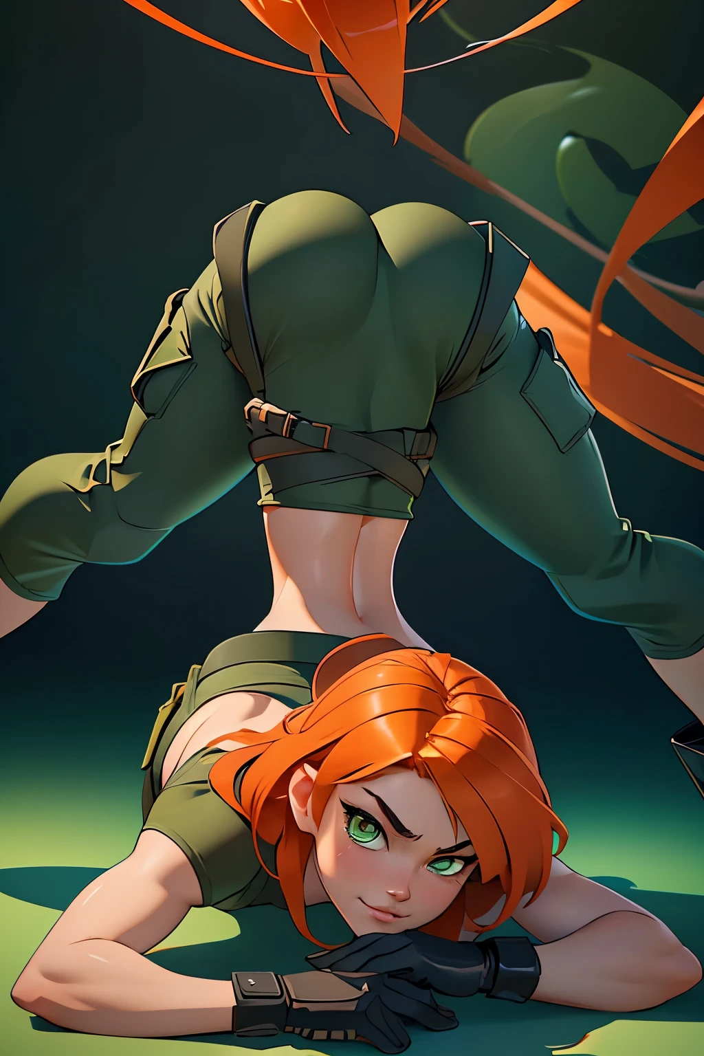 1girl, jackopose, top-down bottom-up, in a beautiful clean gym, looking at the viewer, Kim Possible, wearing (Orange-red hair, green eyes, confident expression, black crop top, black gloves, brown belt, green cargo pants:1.1), hot, horny, aroused, blushing, ((detailed)), ((best quality)), ((masterpiece)), extremely detailed CG unity 8k wallpaper, 32k, focus sharp, photo of perfecteyes eyes, perfecteyes eyes, Masterpiece, raw, beautiful art, professional artist, 8k, very detailed face, very detailed hair, perfectly drawn body, beautiful face, very detailed eyes, smiling, rosey cheeks, intricate details in eyes, perfect fit body, beautiful body, extremely detailed, intricate details, highly detailed, sharp focus, detailed skin, realistic skin texture, texture, detailed eyes, high resolution, kodak vision color, foto_\(ultra\), post-processing, maximum detail, roughness, real life, ultra realistic, photorealism, photography, absurdres, RAW photo, highest quality, high detail RAW color photo, professional photo, extremely detailed UHD 8k wallpaper unit, best quality, highres, (masterpiece, top quality, high resolution:1.4), photo, cinematic, film grain, sharp, soft natural light, magic photography, super detailed, anatomically correct, perfect anatomy.