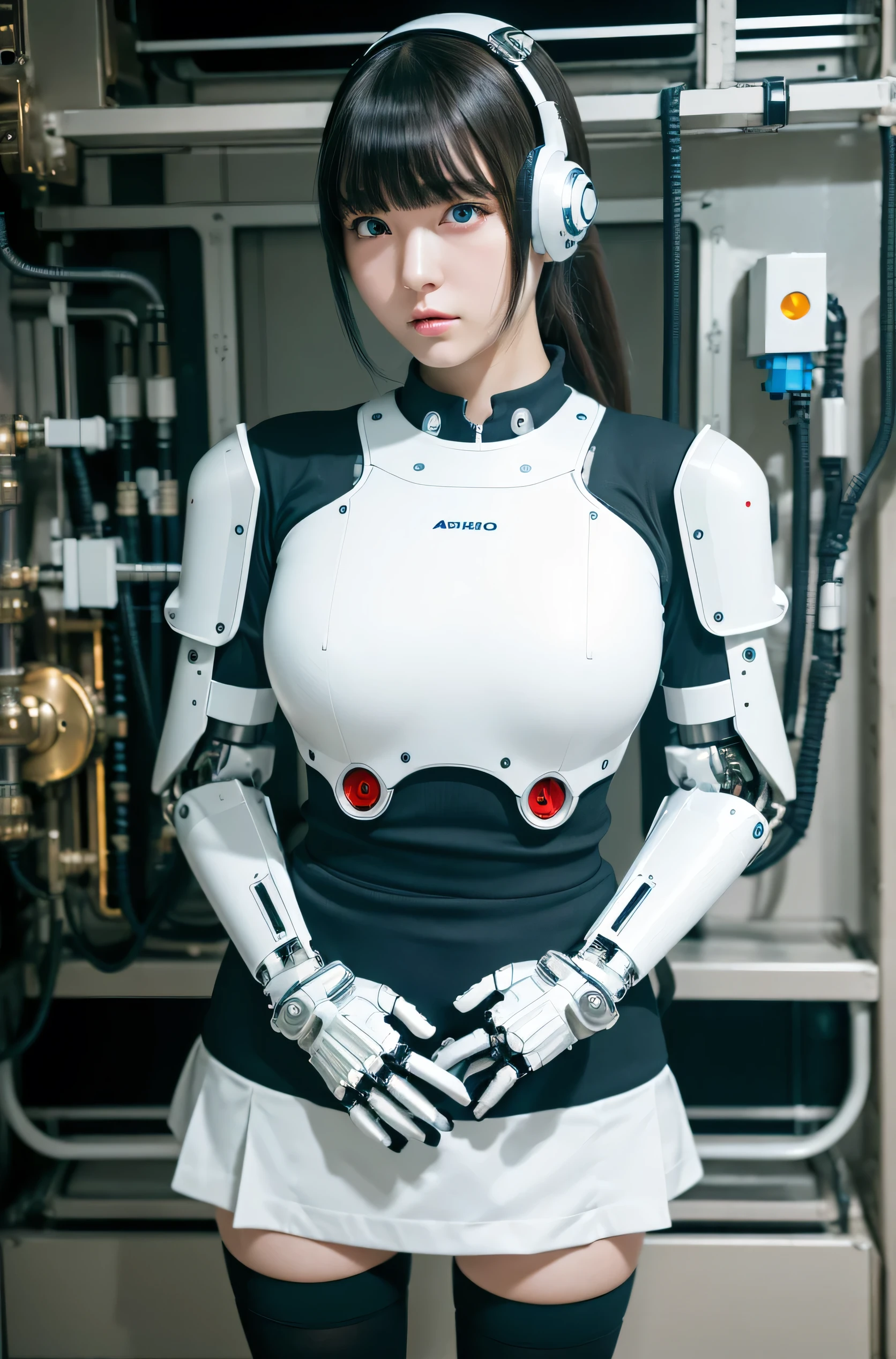 masterpiece, best quality, extremely detailed, Japanese android girl,Plump ,control panels,Mechanical Hand,Robot arms and legs, robot assembly plant,white robot body,blunt bangs,skirt,black knee high socks,blue eyes
